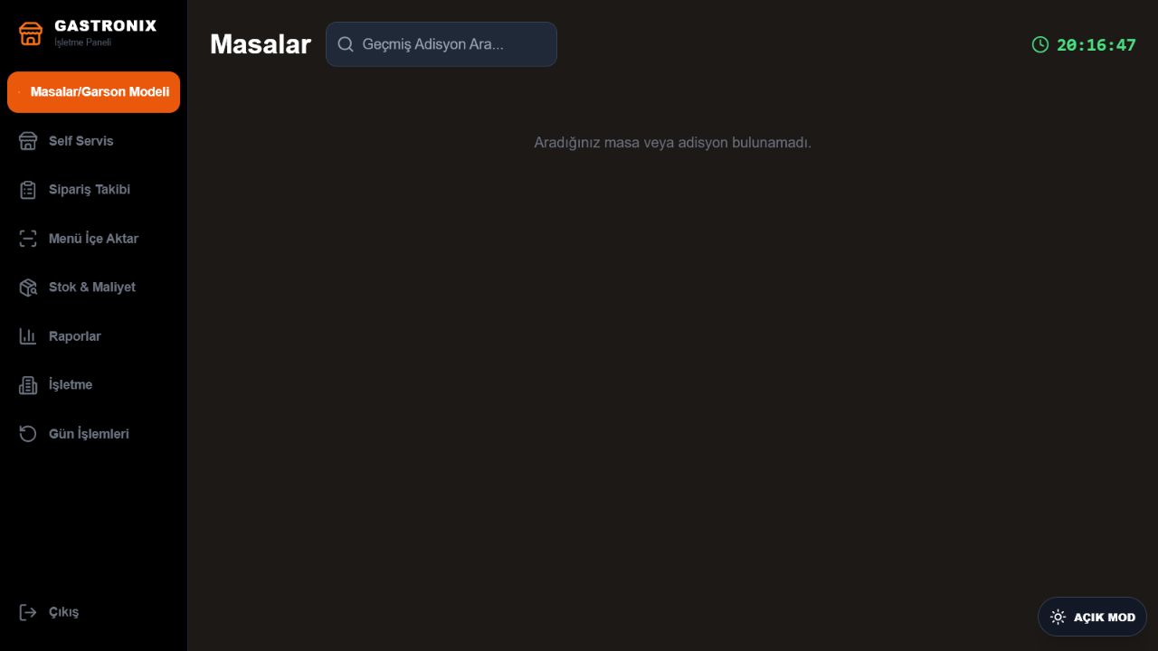 GASTRONIX Masalar ve Garson ekranının bilgisayar görünümü